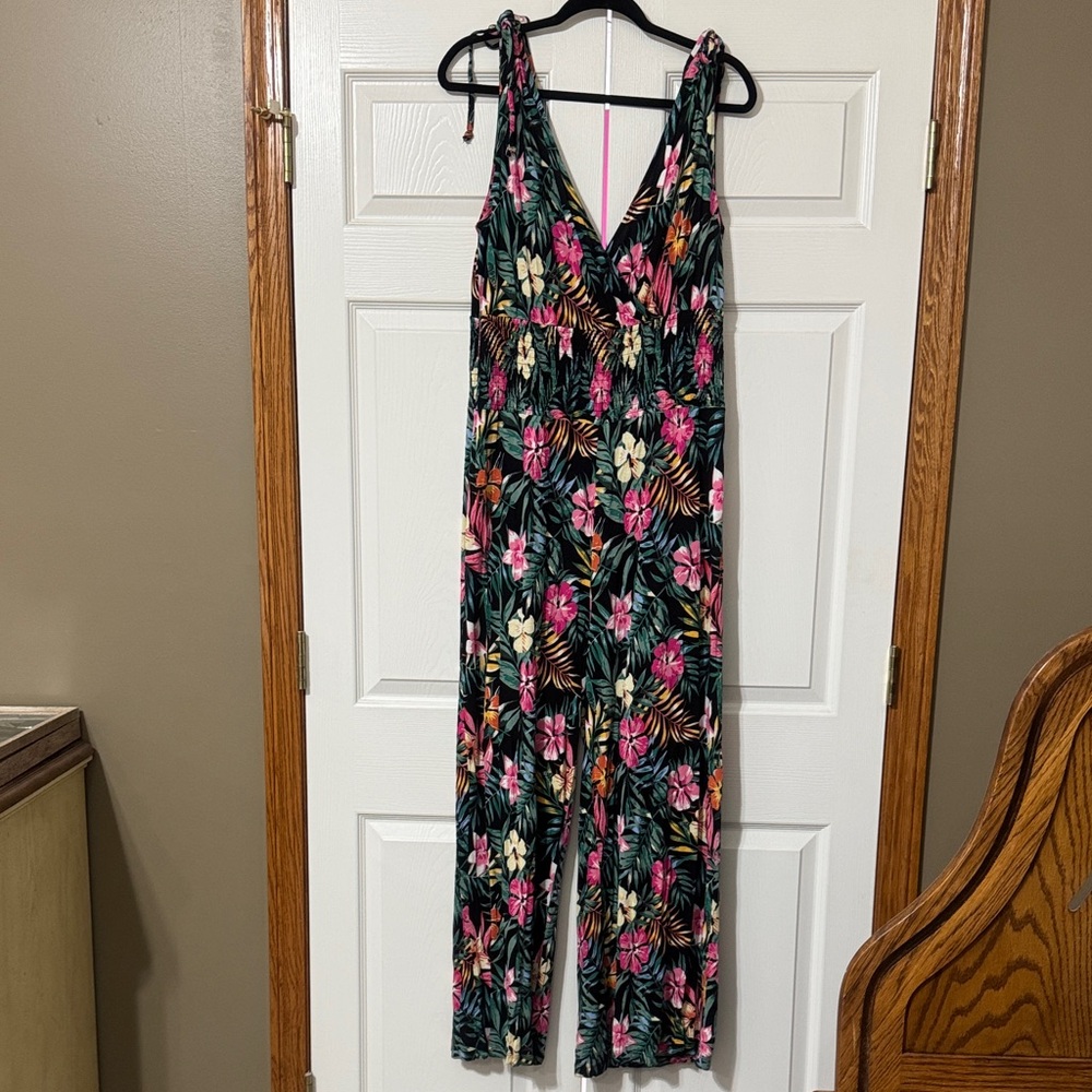 Lascana Floral V-Neck Wide-Leg Jumpsuit - Black & Pink
